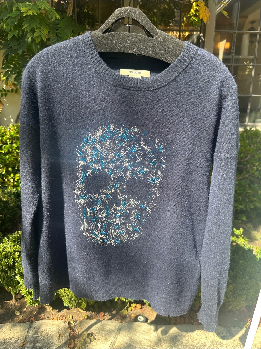 Zadig & Voltaire Navy Cashmere Blend Crewneck Sweater with Jeweled Skull